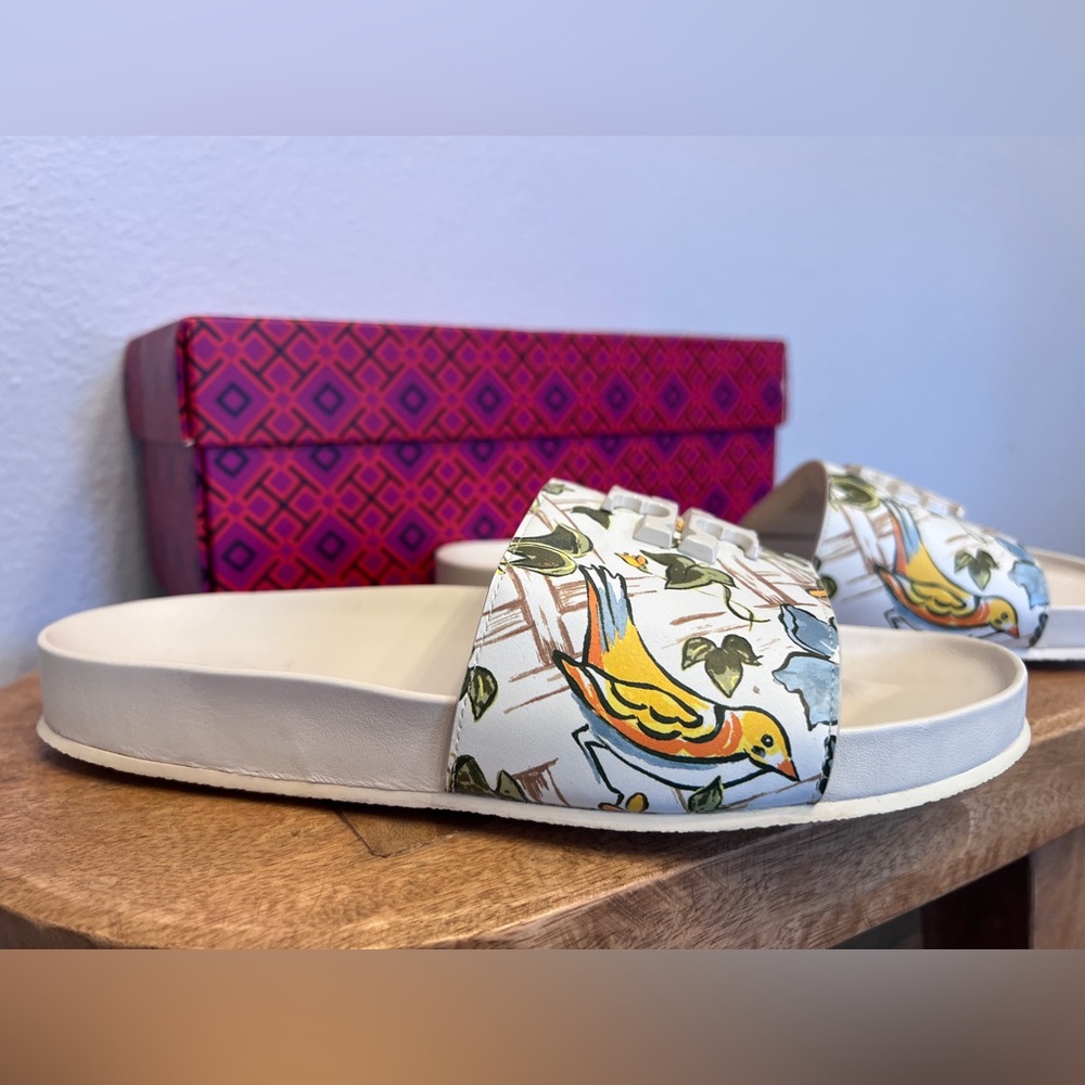 Tory Burch Everly Calf Leather Printed Birds Anatomic Slide Sandal Size 8 - Picture 2 of 7